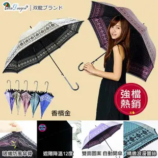 【雙龍牌】洛可可黑膠雙面圖案蕾絲宮廷傘直立傘(3入防曬抗UV自動晴雨傘超輕量陽傘A6160B-3)