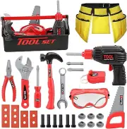 Red Battery-Powered Toy Drill Set with Adjustable Tool Belt for Kids Ages 3-7