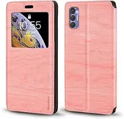 [Shantime] Viewable Window Leather Flip Case Compatible with Tecno Spark 8P, Elegant Design Clear Display Invisible Magnetic Cover and Card Slot(Pink)