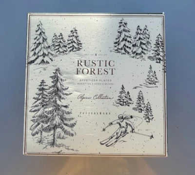 Pottery Barn Rustic Forest Alpine Skier Appetizer Plates Set of 4 Mixed Design