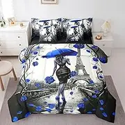 Erosebridal Paris Comforter Sets French Eiffel Tower Bedding Set 7 Pieces for Girls Women Romantic Room Decor,Deep Blue Rose Bed in A Bag for Black Girls Sheet Set with Comforter,Gray Blue,King