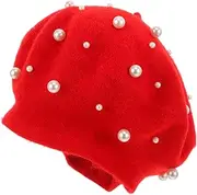 [OATIPHO] Cashmere Pearl Beret Burgundy Gold Earrings Supply Co Beret with Pearls Decor Ladies Women Faux Pearl Necklace Crimson Beads Sequin Hoops Sparkle Gold Hoop Earrings Large Pink Red
