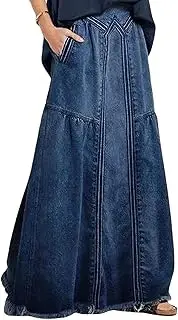 [Chartou] Women's Retro Elastic High Waist Frayed A-Line Maxi Denim Skirt with Pockets