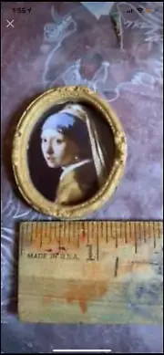 New Miniature Picture girl With Pearl Earring Gold Oval Frame 1:12 Scale