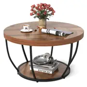 Giantex 2-Tier Round Coffee Table Metal Frame Tea Cocktail Table w/Faux Wooden Top Side Table