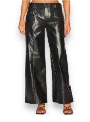 0 Free People Star Crossed Lovers Shiny Black Faux Leather Wide Leg Pants NWT