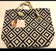 NEW Tote Beach Bag Summer and Rose Brittney Geometric Navy Blue & Cream Medium
