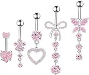 [Wonvin Collection] Belly Button Ring Dangle Navel Belly Piercing Jewelry Cute Pink CZ Heart Butterfly Bow Flower Navel Belly Rings for Women 14G Silver Stainless Steel Dainty Dangly Dangling Belly Button Piercing,