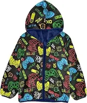 [GuoChe] Colorful Pixel Game Style Toddler Girl Sherpa Jacket Toddler Girls Hooded Jacket Navy Blue Trendy Baby Girl Clothes 3T
