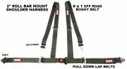 FOUR POINT SEAT BELT HARNESS PULL DOWN LAP BELTS ROLL BAR MOUNT MILITARY GREEN