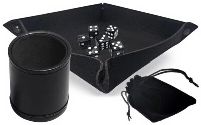 (6) 16mm Pearlized Black Dice White Pips w/Pouch + Dice Rolling Tray + Dice Cup