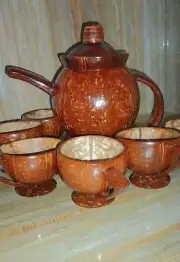 Coconut Shell Tea Potwith 5 Teacup. Ceylon,Homemade,Natural 100% Eco-Friendly