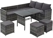 Gardeon Outdoor Table and Chairs 9 Seater Rattan Sofa Lounge Set Wicker Dining Tables Chair Setting, Patio Furniture Garden Backyard Weather-Resistant Cushions Pillows Grey with Ottoman