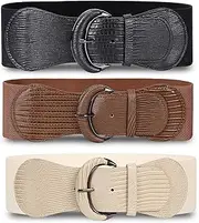 [Valleycomfy] 3 Pieces Women Elastic Wide Belt for Ladies Dresses,PU Leather Stretchy Dress Belt,Vintage Wide Belt Waistband