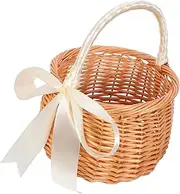 HEALSOPTHY Flower Girl Basket: Small Handwoven Willow Basket With Ribbon Bow Handle For Weddings Market Harvest And Eggs Candy Storage Home Wedding Decorations