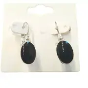 Oval Cut Black Onyx Dangle Drop Earrings Sterling Silver Plated Lever Back
