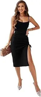 [Generic] Women's Open Back Split Thigh Drawstring Ruched Front Long Halter Dress
