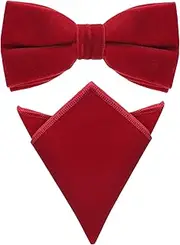[Elerevyo] Men's Velvet Adjustable Pre-Tied Bow Tie Solid Color Pocket Square Set for Formal