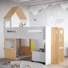 Modern Kids Cabin Loft Bed with Movable Storage Box – White and Natural Design