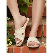 Women's Boho Crochet Slide Sandals - Beige Open Toe Flat Slip-On Shoes with Pom-Pom Trim for Adults, Daily Date Summer Casual Outings