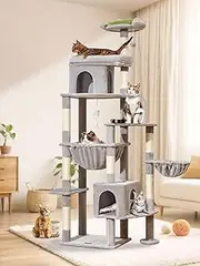 MS032W Giant Cat Tree,82.68-inch Cat Tower, Suitable 20lb+ Heavy Duty Large Adult Cats, 2 Luxurious Cat Cando with 8 Scratching Posts,4 Activity Areas,Oversized Metal Hammocks,Light Gray