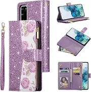 UEEBAI Wallet Case for Samsung Galaxy S20 FE 5G, Glitter PU Leather Magnetic Closure Handbag Zipper Pocket Case Kickstand Card Holder Slots with Wrist Strap TPU Shockproof Flip Cover - Bling Purple