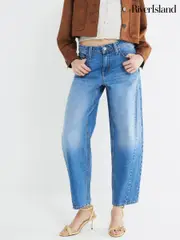River Island Blue Seamed Barrel 100% Cotton Jeans (F53886) | $104