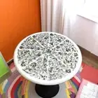 White Marble Inlay Side Table – Handmade with Semi-Precious Stone Art Gift Him