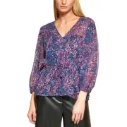 DKNY Tie-Waist Top Ivory Regal Purple Multi Leopard Print Blouse Size Small NWT