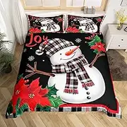 Cute Snowman Duvet Cover Set Full Size,Geometric Grids Patchwork Bedding Set,Boys Girls Room Decor,Christmas Snowflake Poinsettia Rustic Comforter Cover,White Quilt Cover,2 Pillowcases(No Comforter)