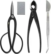 Wazakura 4PCS Bonsai Essential Tool Kit MADE IN JAPAN - Yasugi Japanese Steel Ashinaga Bonsai Scissors 200mm(7.8”) + Concave Branch Cutter 200mm(8”) + Stainless Tweezers + Sap Eraser Gift Box Set