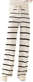 [Generic] Women's Striped Contrasting Wool Knitted Palazzo Pants Elastic High Waist Lounge Jagger Pants Female Sweatpants