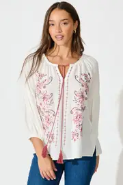 Tasha Top Full Length Sleeve in White with Floral Embroidery 8