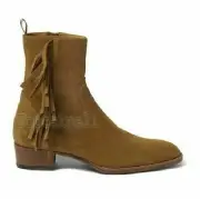 Handmade Men's Leather Tan Fringed Ankle High Suede Formal Casual Boots-618