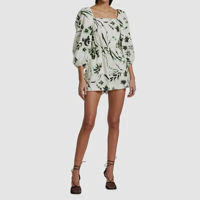 $365 Tanya Taylor Women's White Linen Floral Squared 3/4 Sleeve Romper Size M