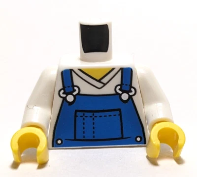 Lego - Minifigure Torso - Blue Overalls, Farmer, White V Neck Shirt