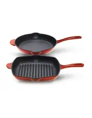 [Gourmet Kitchen] Cast Iron Fry Pan and Grill Pan 2 Piece Set in Multi