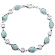 Pear Natural Larimar & Cubic Zirconia .925 Sterling Silver Bracelet
