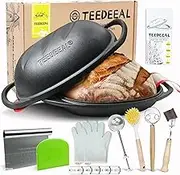 Upgraded Heavy Duty Pre-seasoned Cast Iron Bread Pan, Large Loaf Dutch Oven with Lid, Sourdough Bread Baking Pan with Oven Gloves, Flour Duster, Scraper, Dough Whisk, bread lame, silicone bread sling