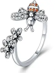 [LSMCCOTP] adjustable rings for women,925silver ring, Statement Rings Fashion Dainty S925 Silver Bee Flower Ring Adjustable Open Size Ring Wedding for Girls