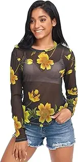 [RPLIFE] Vibrant Yellow Flowers Black Womens Mesh Sleeve Top, Transparent Tops for Women Sexy S-XXL