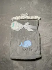 Petite L'amour Gray Baby Blanket Whale Hello Applique Plush Fleece Lovey 30"x40"