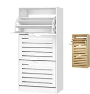 [ALFORDSON] 3-Tier Shoe Cabinet Rack with Flip-up Slatted Doors, Free Stranding Footwear Storage Chest with Adjustable Shelves, Footgear Organiser 60 x 29.5 x 121.5 cm, White