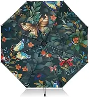 [RPLIFE] Umbrella for Rain, Lightweight Durable Auto Open Close for Women, Travel Umbrellas for Rain, Wind and Sun, Butterflies Plants Green