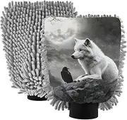 XYMZR Wolf Crow Black Absorbent Microfiber Car Wash Mitt, Funny Cute Anime Scratch Free for Cars Cleaning, Home Cleaning Mitts, 2 Pack, 10.24” L x 7.09” W