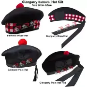 Men's Scottish Glengarry Kilt Hats Diced & Plain 100% Wool Piper 52-62 AAR