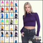 Turtle Neck Crop Top Womens Plain Long Sleeve Stretchy Basic Polo Neck T-Shirt