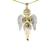 .925 Silver Yellow Finish Real Diamond Cherub Angel Piece 2" Pendant .40CT