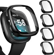 [ivoler] [4 Pack] Screen Protector Tempered Glass for Fitbit Sense/Versa 3, Hard PC case with Bumper Cover Sensitive Touch Full Coverage Protective Case for Sense/Versa 3 Smart Watch, Black