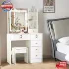 White Dressing Table Stool Set With Smart LED Sliding Mirror Makeup Vanity Desk